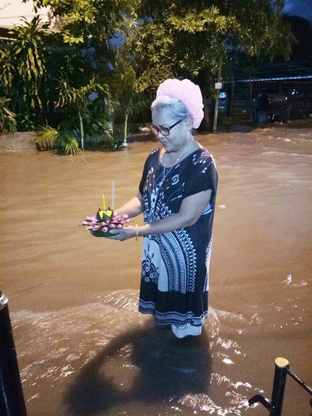 Loy Krathong is a celebration of the water goddess and she certainly did her part for the occasion, dumping a torrential downpour on Pattaya that would float many a krathong.