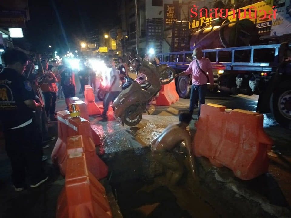 Teens seriously hurt as bike goes down Pattaya sink hole