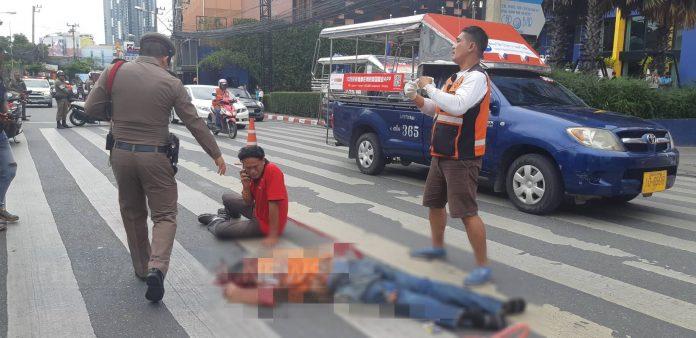 Taxi Motorbike driver crushed by a tour bus in Pattaya, driver flees the scene