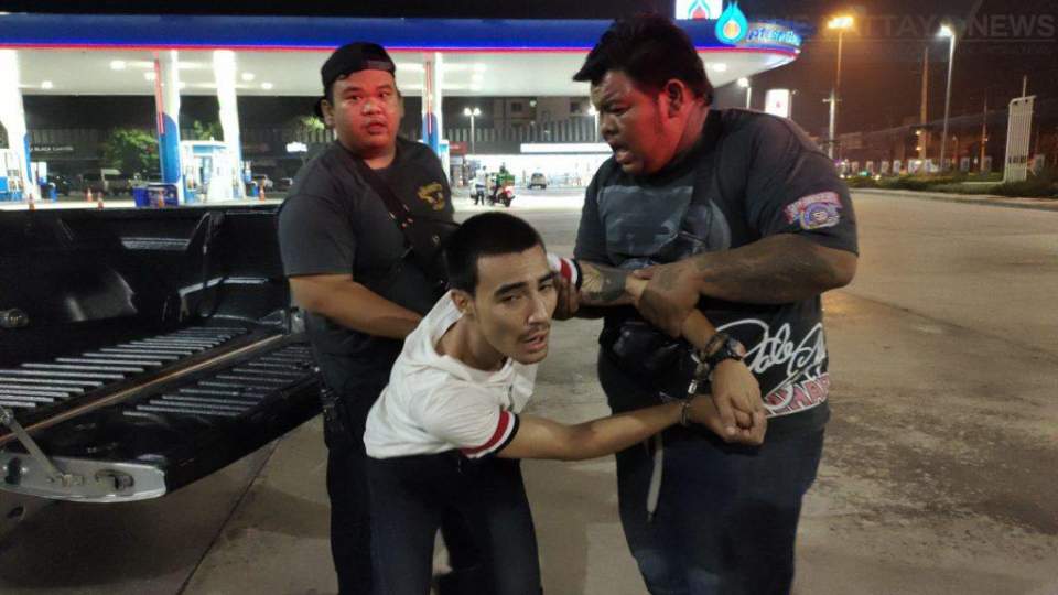 Noppadon Saekow, 22 shortly after being arrested during a footchase by Pattaya Police.