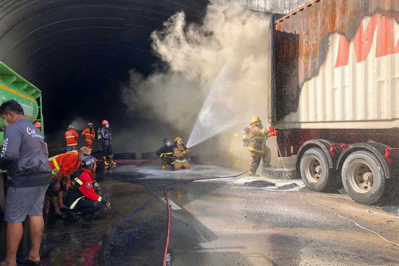 Container truck burst into flames