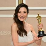 Malaysian actress Michelle Yeoh poses with the Oscar for Best Actress in a Leading Role for "Everything Everywhere All at Once" in the press room during the 95th Annual Academy Awards