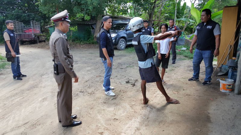 The suspect, Jakraphan Chanayuth, 26, retraced his steps in the attack at the worker’s camp, in Soi Baan Klang, Chalong