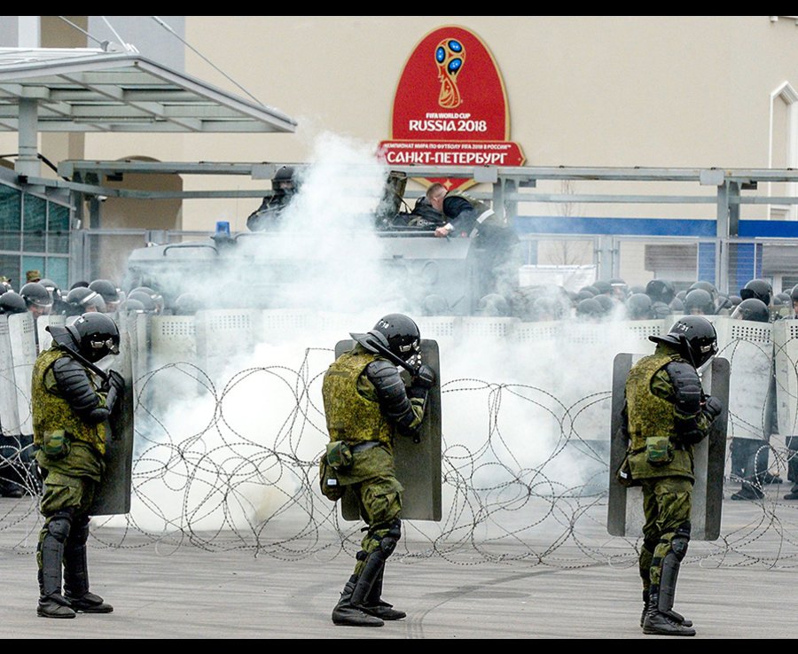 Russian riot policeman take part in special security exercises to prepare for the World Cup  