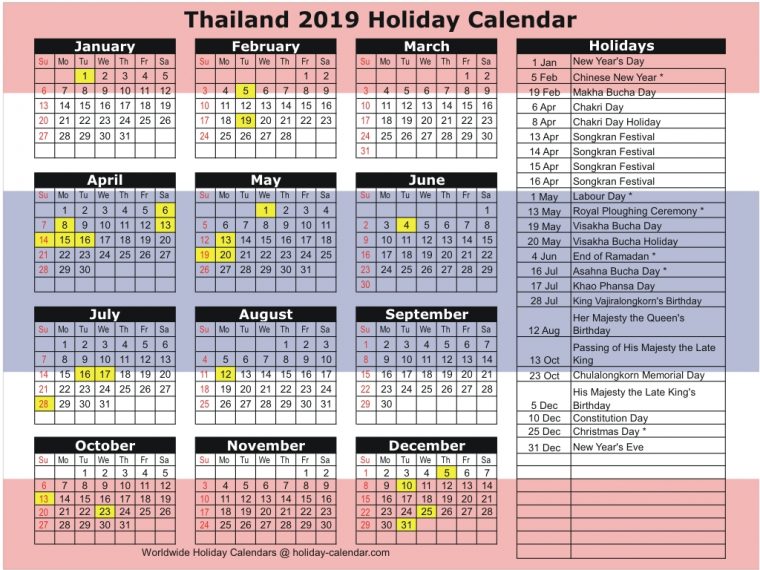 Public Holidays in Thailand for 2019. This page contains a national