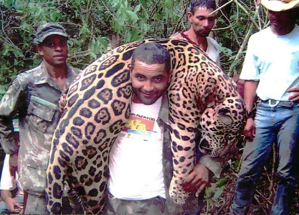 A poacher with a dead jaguar