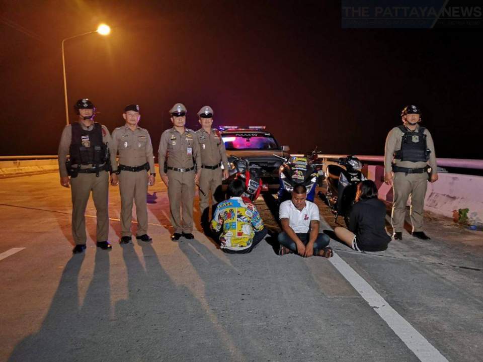 Suspects caught during a Pattaya Police operation designed to catch motorbike racers on January 19, 2020.