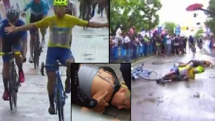 Cyclist crashes into wife taking pictures of him as he crossed line