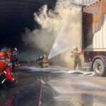 Container truck burst into flames